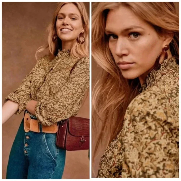 Sezane Martine Blouse RARE Ochre Floral Print Top Size 36 US Size 2 HTF - Picture 2 of 12
